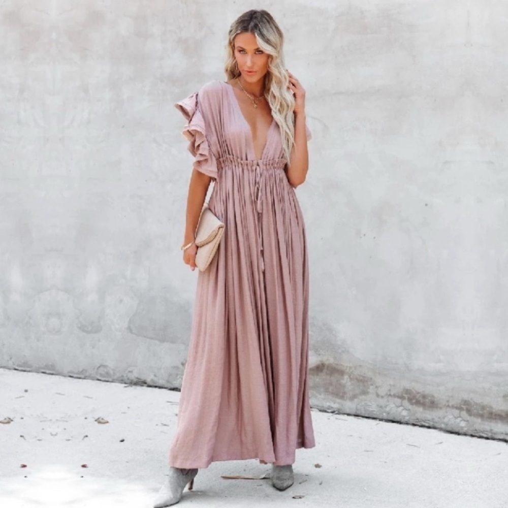 New Flawless Dress Boho Button Down Brown Maxi Pockets oversized
